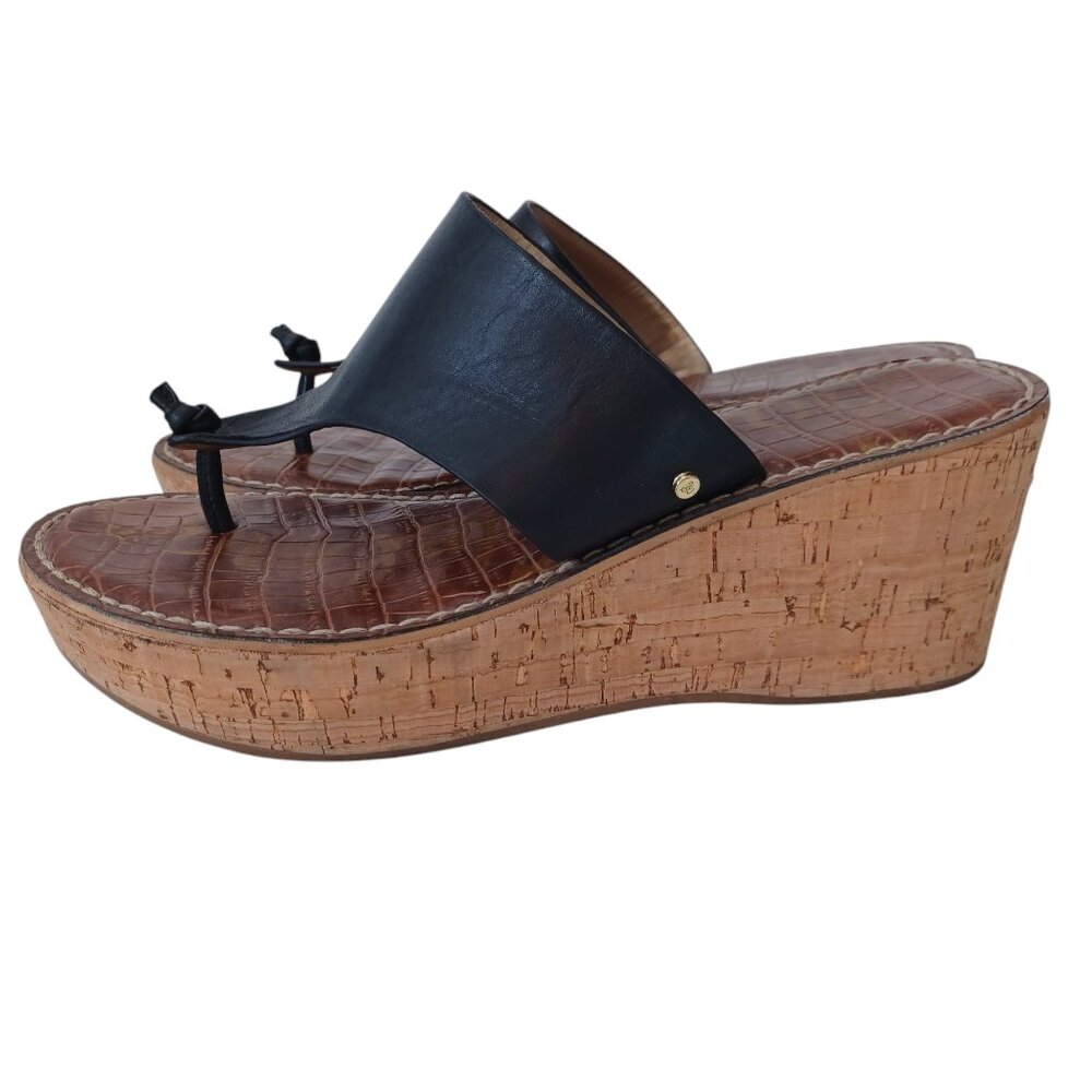 Sam Edelman Cork Wedge Sandals Black Leather Roy 3D Platform Shoes Womens 8.5 - Picture 14 of 15